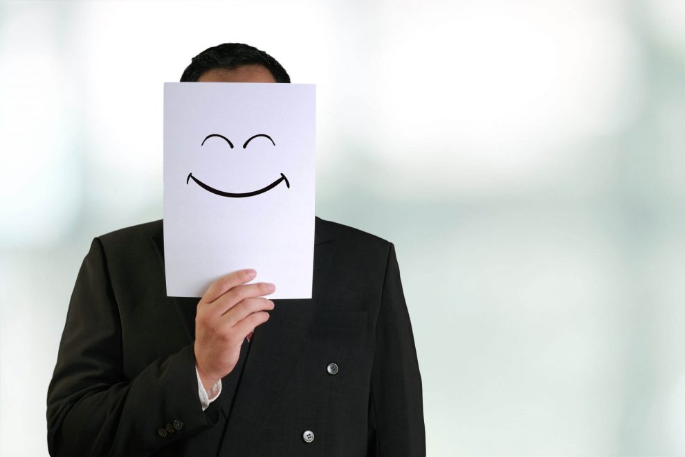Businessman Wearing Happy Smiling Face Mask