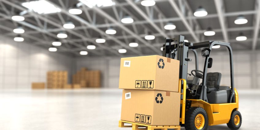 33641112 – forklift truck in warehouse or storage loading cardboard boxes. 3d