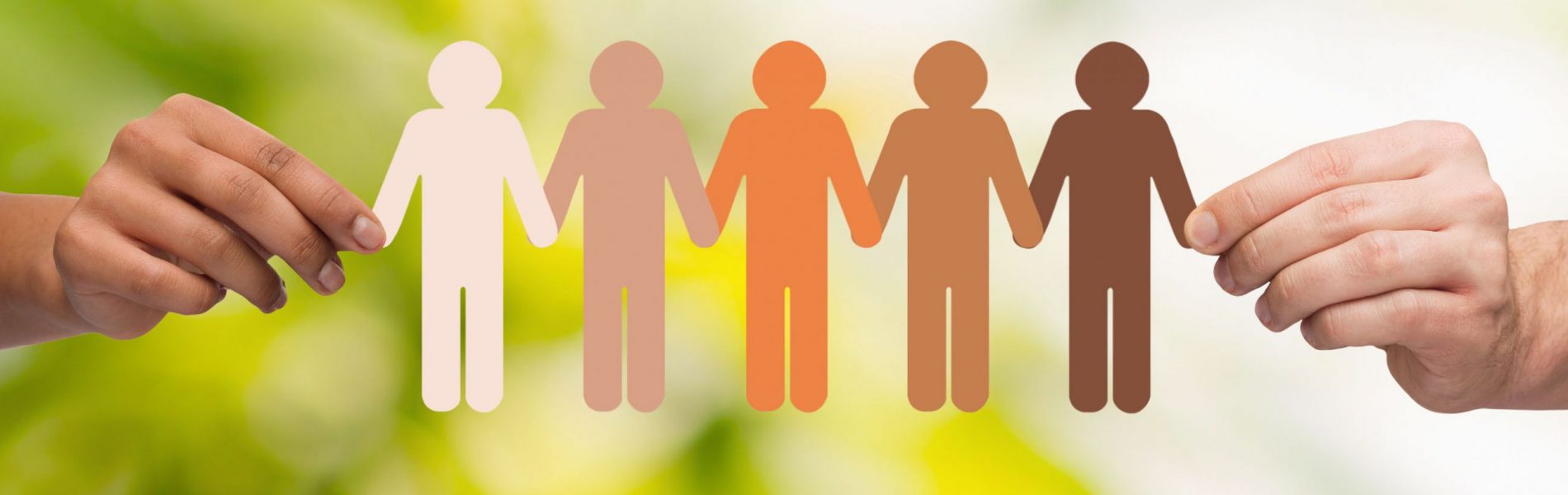 community, unity, people and support concept - couple hands holding paper chain multiracial people over green background