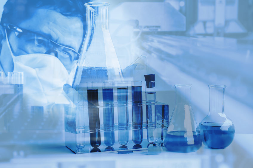 Double exposure scientist in laboratory to research with test tu