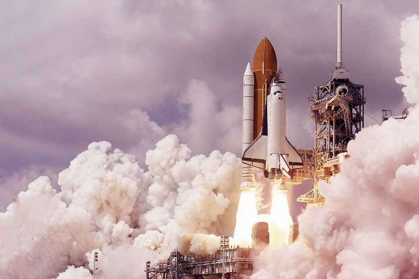 The launch of the space shuttle. With fire and smoke. Against the background of the starry sky. Elements of this image were furnished by NASA