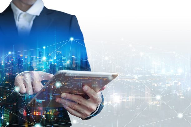 Business,Smart,City,Technology,Concept,,Double,Exposure,Of,Professional,Business