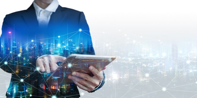 Business,Smart,City,Technology,Concept,,Double,Exposure,Of,Professional,Business
