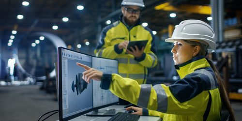 Inside,The,Heavy,Industry,,Factory,Female,Industrial,Engineer,Works,On