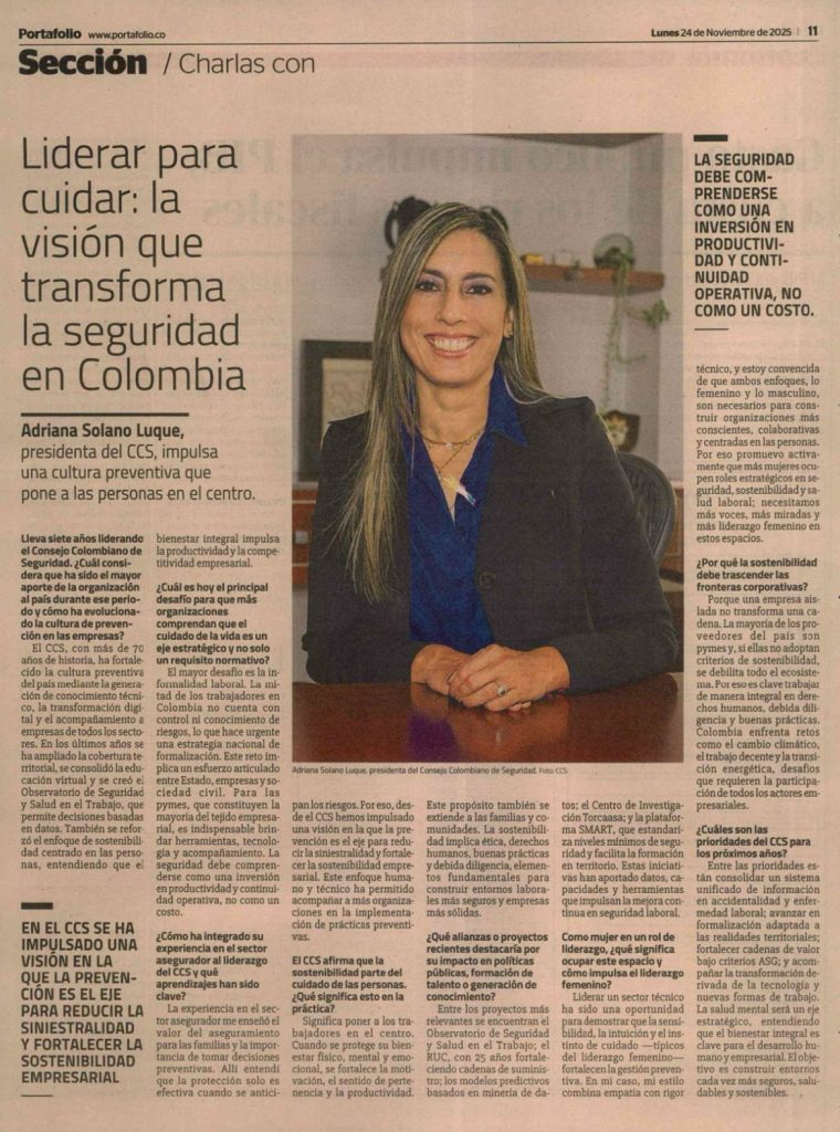 Sección Portafolio entrevista a Adriana Solano Luque Presidente ejecutiva de CCS, Consejo Colombiano de Seguridad- SST